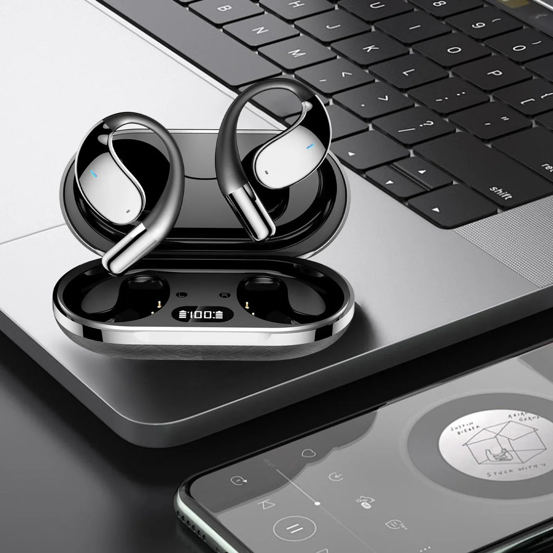 Translation earbuds with black case open highlighting the earbuds
