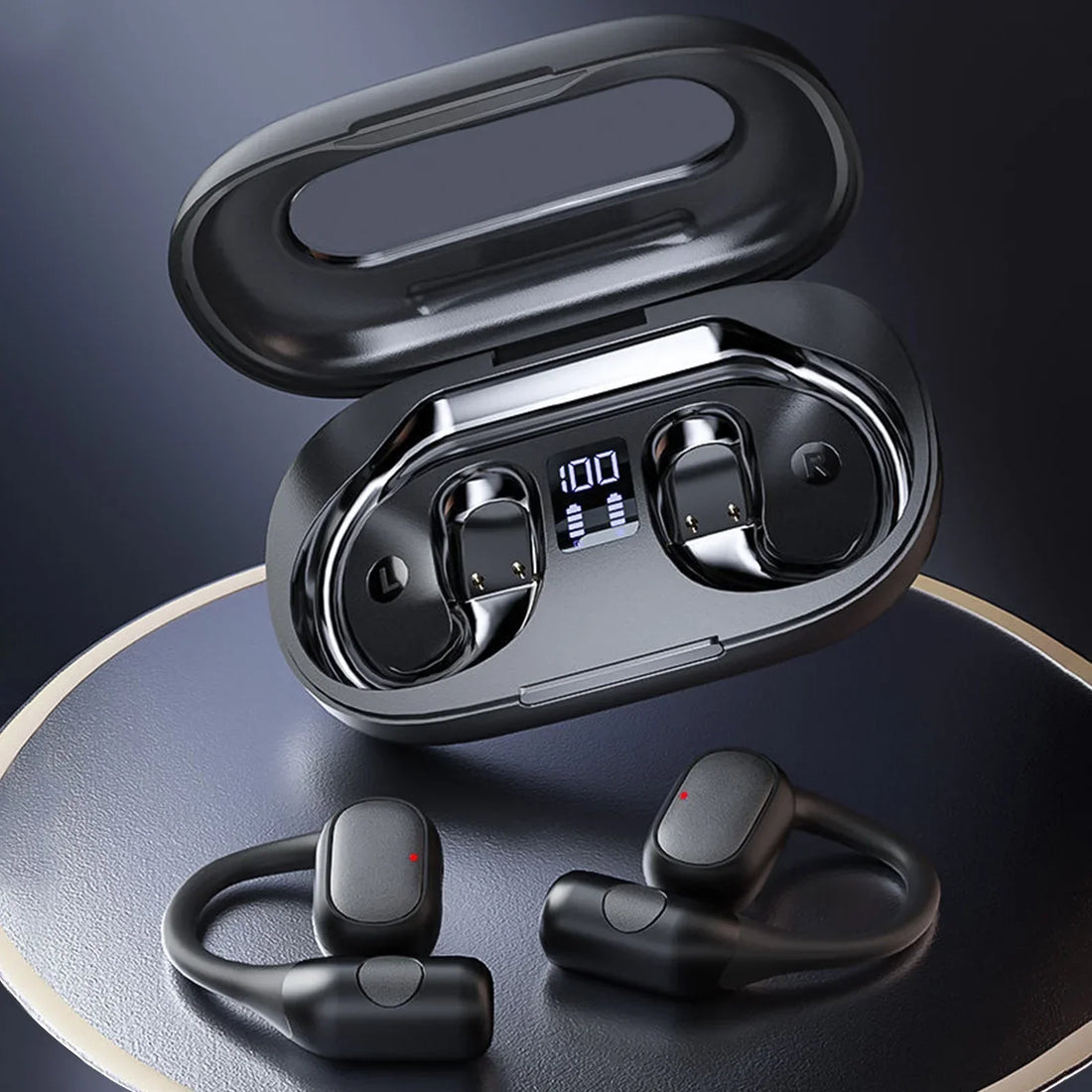 Translation earbuds seen outside of black case