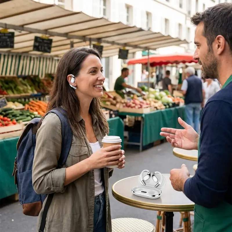 Two people using translator earbuds for conversation
